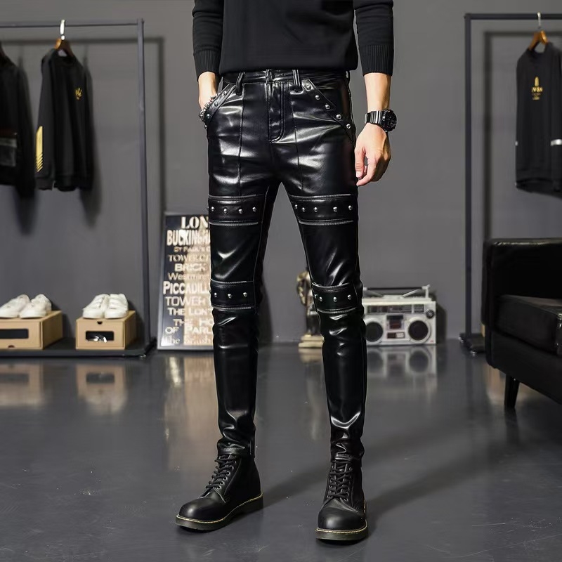 Muške PU kožne hlače, uski kroj, srednji pojas, korejskog stila, biker/cigareta stil, jednobojne, jesen 2025