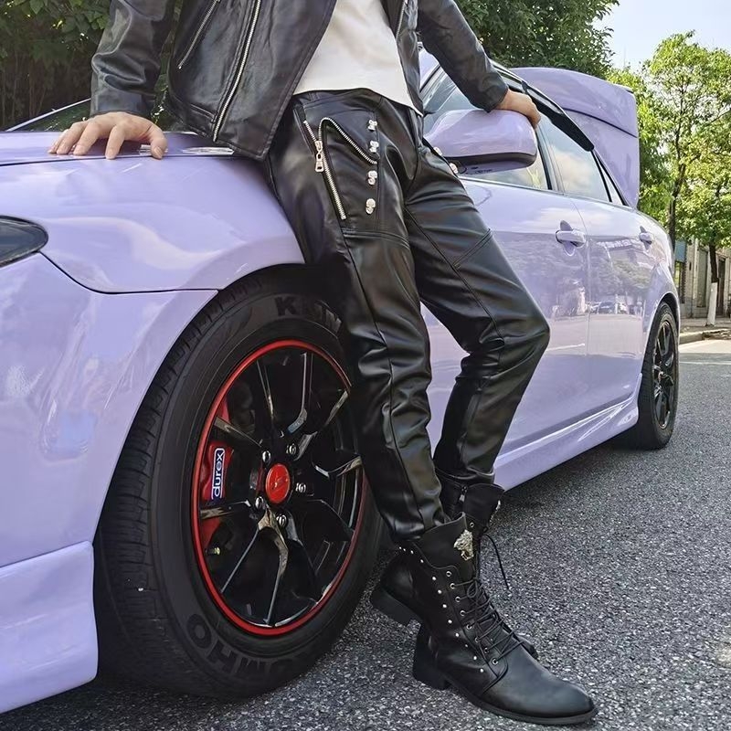 Muške PU kožne hlače – uski kroj, korejski stil, biker stil, srednji pojas, svakodnevna upotreba