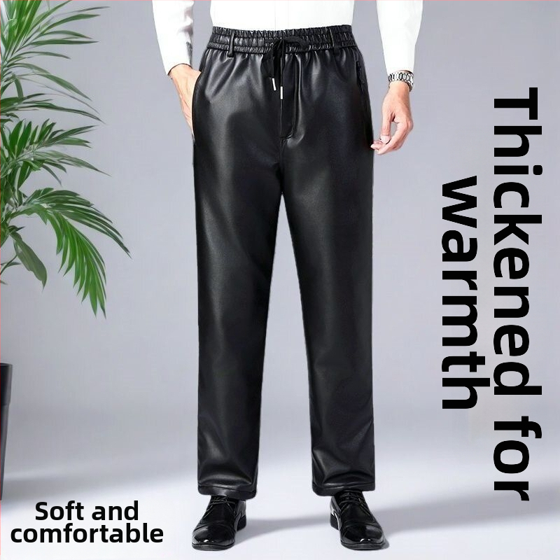 Muške hlače od PU kože, podstavljene flisom, zimske, visoki pojas, otporne na vjetar i vodu, ravni kroj
