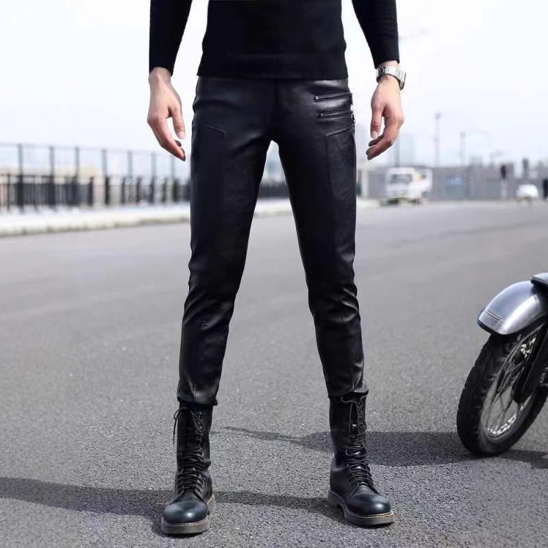 Muške kožne hlače za motocikle - uski kroj, PU koža, srednja visina struka, PU podstava