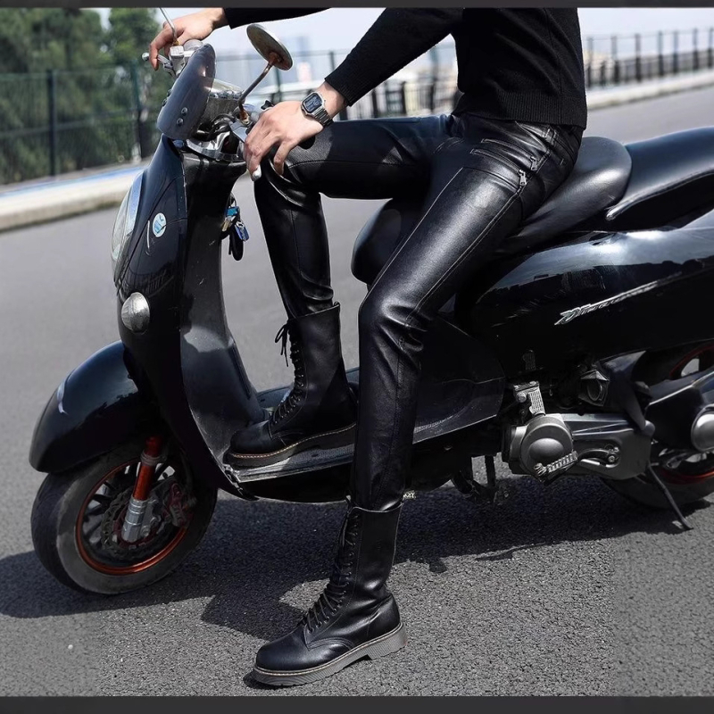 Muške kožne hlače za motocikle - uski kroj, PU koža, srednja visina struka, PU podstava