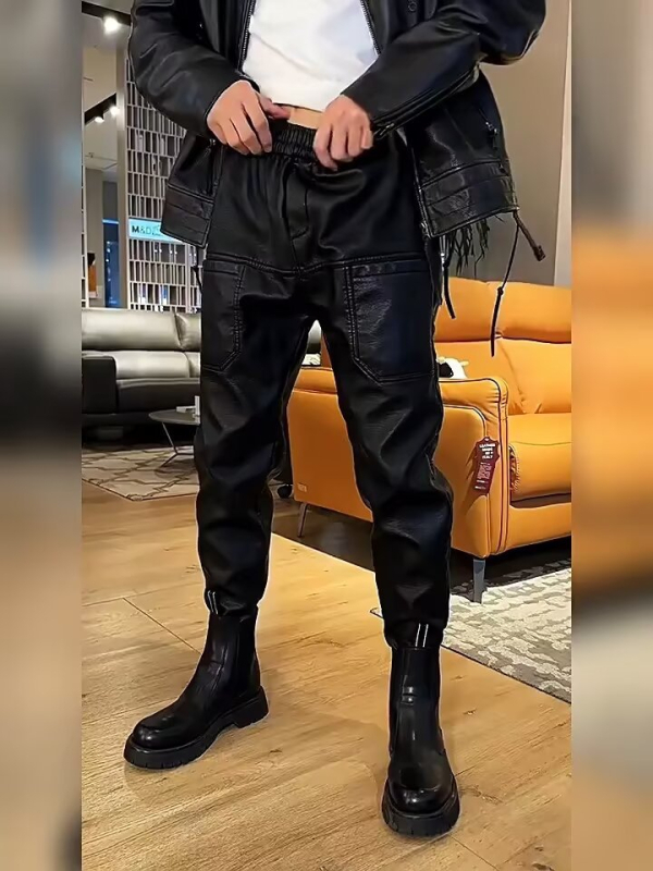 Muške PU kožne hlače, uski kroj, srednji pojas, podstava od poliestera, jesenska kolekcija