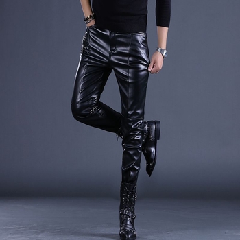 Muške PU kožne hlače, uski kroj, srednja struka, za scenske nastupe i vožnju motocikla, proljeće 2025