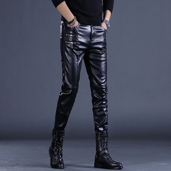 Muške PU kožne hlače, uski kroj, srednja struka, za scenske nastupe i vožnju motocikla, proljeće 2025