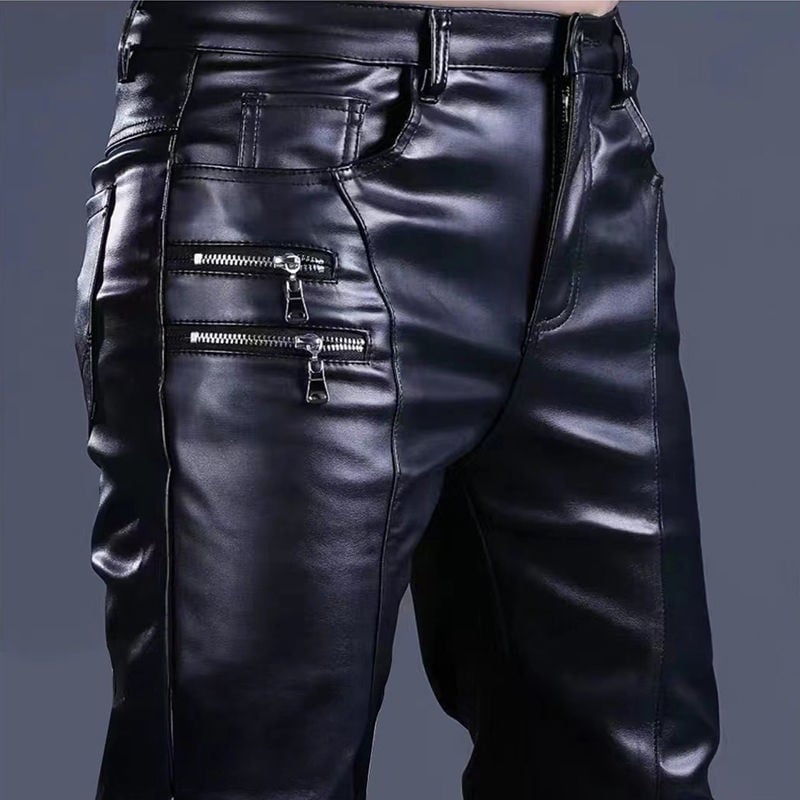 Muške PU kožne hlače, uski kroj, srednja struka, za scenske nastupe i vožnju motocikla, proljeće 2025