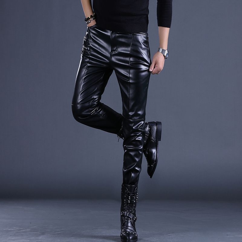 Muške PU kožne hlače, uski kroj, srednja struka, za scenske nastupe i vožnju motocikla, proljeće 2025