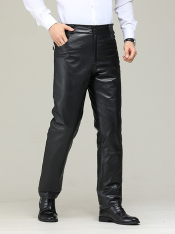 Ανδρικά δερμάτινα παντελόνια από βοδινό δέρμα, ίσια γραμμή, ψηλή μέση, επένδυση φλίς πολυεστερ, τετρά εποχές, Άνοιξη 2025 έκδοση