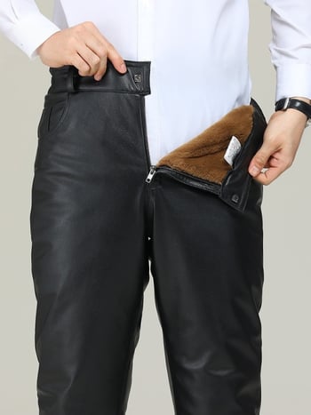 Ανδρικά δερμάτινα παντελόνια από βοδινό δέρμα, ίσια γραμμή, ψηλή μέση, επένδυση φλίς πολυεστερ, τετρά εποχές, Άνοιξη 2025 έκδοση