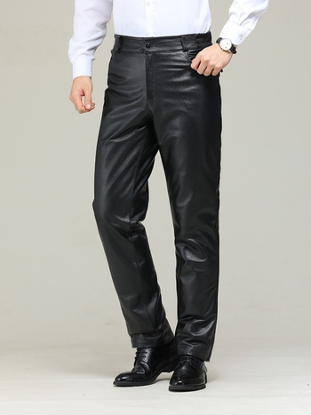 Ανδρικά δερμάτινα παντελόνια από βοδινό δέρμα, ίσια γραμμή, ψηλή μέση, επένδυση φλίς πολυεστερ, τετρά εποχές, Άνοιξη 2025 έκδοση