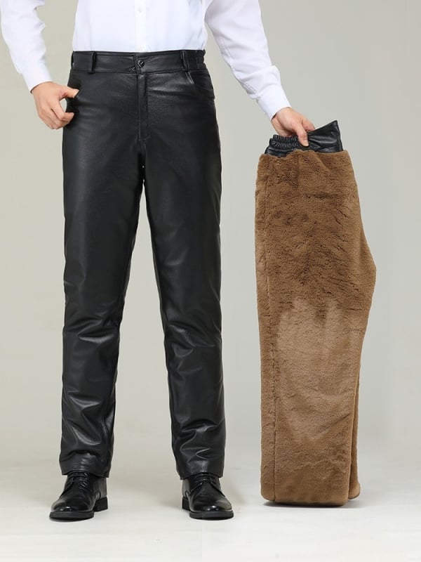 Ανδρικά δερμάτινα παντελόνια από βοδινό δέρμα, ίσια γραμμή, ψηλή μέση, επένδυση φλίς πολυεστερ, τετρά εποχές, Άνοιξη 2025 έκδοση