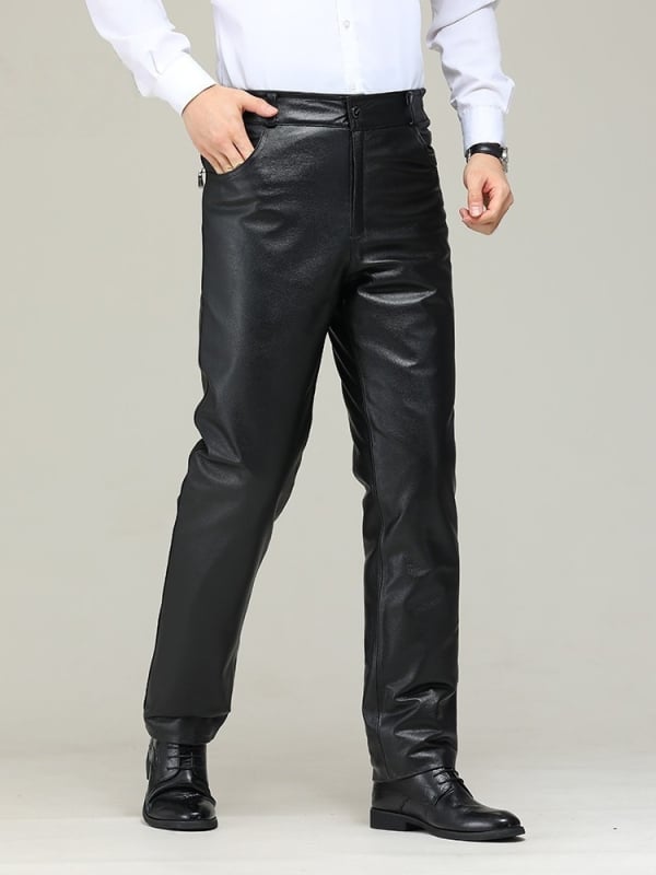 Ανδρικά δερμάτινα παντελόνια από βοδινό δέρμα, ίσια γραμμή, ψηλή μέση, επένδυση φλίς πολυεστερ, τετρά εποχές, Άνοιξη 2025 έκδοση
