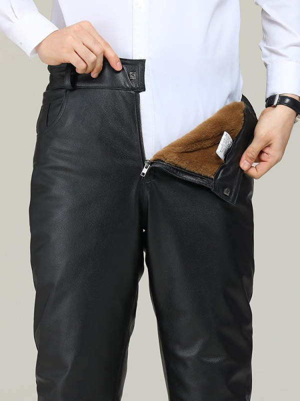 Ανδρικά δερμάτινα παντελόνια από βοδινό δέρμα, ίσια γραμμή, ψηλή μέση, επένδυση φλίς πολυεστερ, τετρά εποχές, Άνοιξη 2025 έκδοση