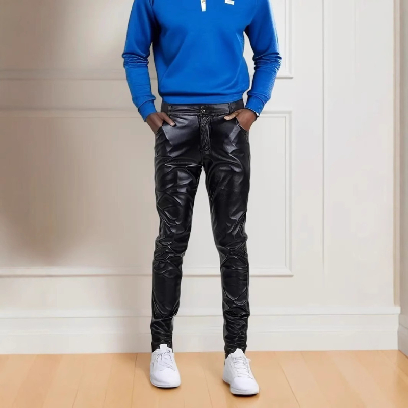 Muške PU kožne hlače, uski kroj, pencil stil, srednji pojas, korejski kroj, ljeto
