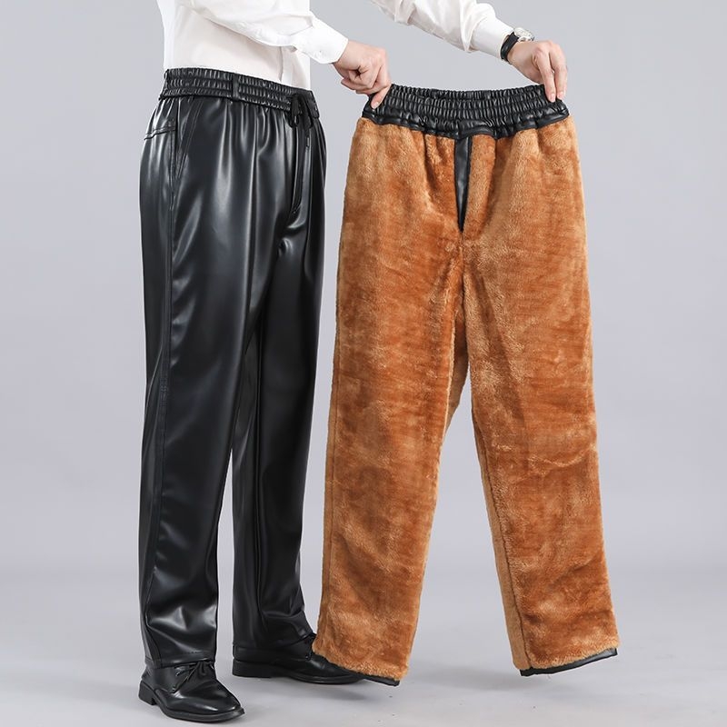 Férfi PU bőr nadrág, egyenes szabású, magas derék, téli vastag modell