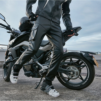 Muške motorističke hlače - PU kožni izgled, široki kroj, srednji pojas, poliester, zima