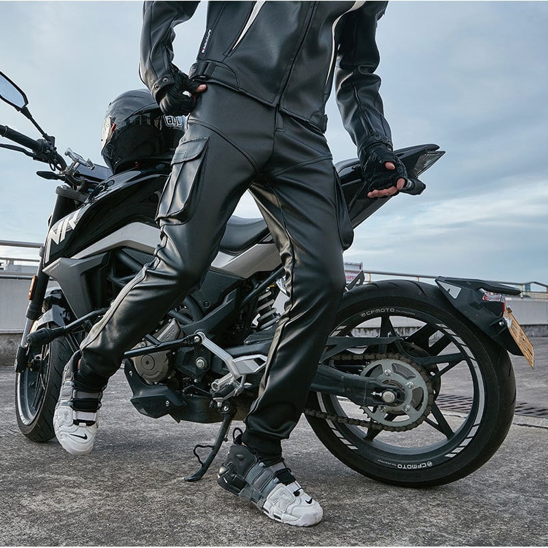 Muške motorističke hlače - PU kožni izgled, široki kroj, srednji pojas, poliester, zima