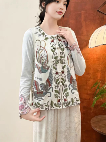 Izšivena etnička ženska vest, retro književni stil, pamuk-lan tkanina (80-90% pamuka), cvjetni uzorak, stojeći ovratnik