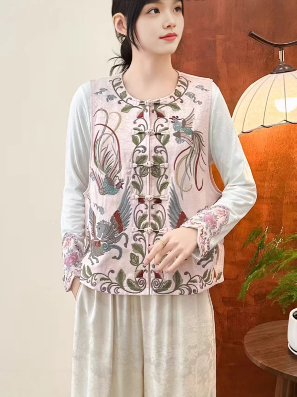 Izšivena etnička ženska vest, retro književni stil, pamuk-lan tkanina (80-90% pamuka), cvjetni uzorak, stojeći ovratnik