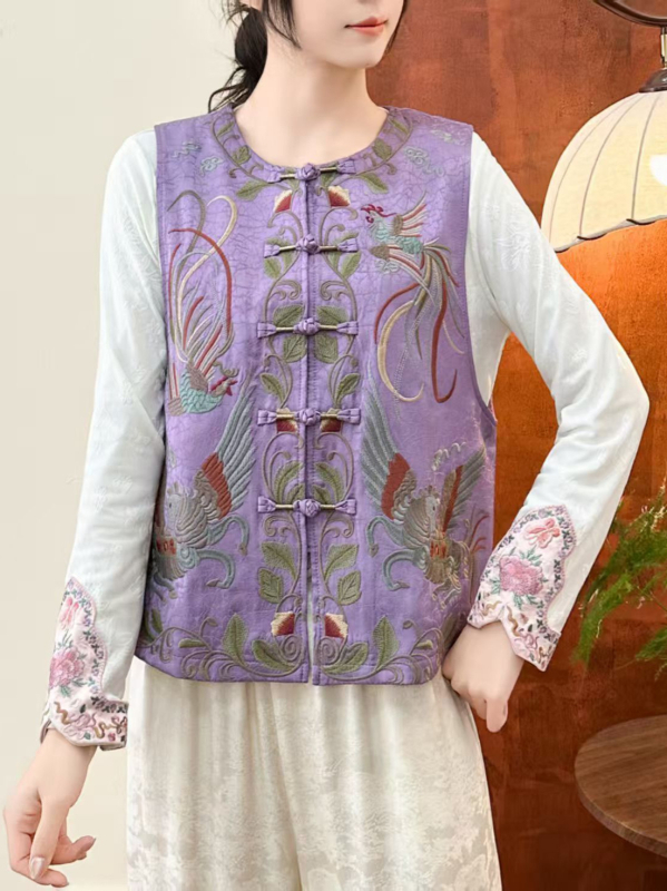 Izšivena etnička ženska vest, retro književni stil, pamuk-lan tkanina (80-90% pamuka), cvjetni uzorak, stojeći ovratnik