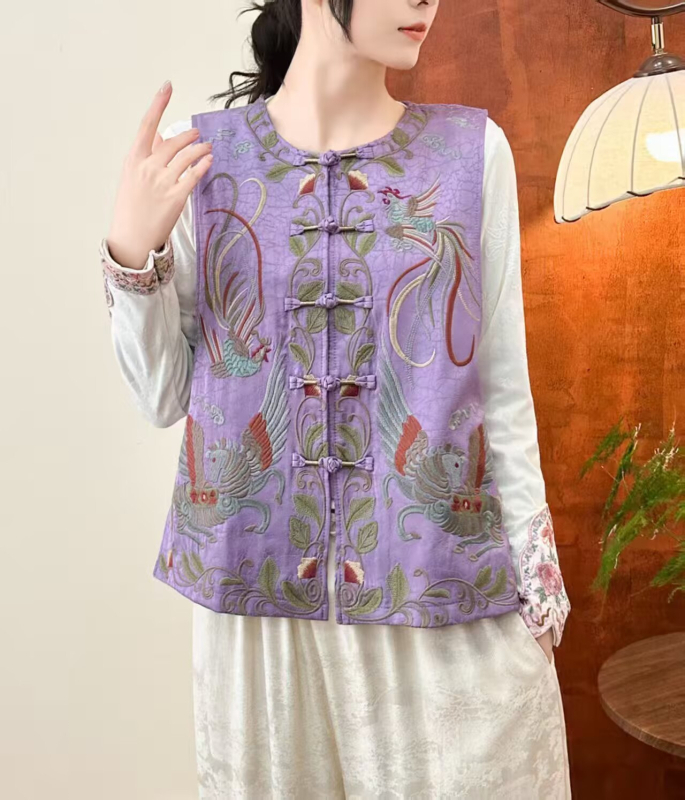 Izšivena etnička ženska vest, retro književni stil, pamuk-lan tkanina (80-90% pamuka), cvjetni uzorak, stojeći ovratnik