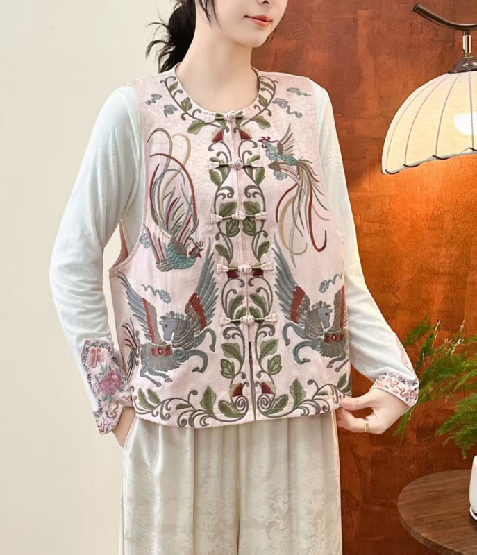 Izšivena etnička ženska vest, retro književni stil, pamuk-lan tkanina (80-90% pamuka), cvjetni uzorak, stojeći ovratnik