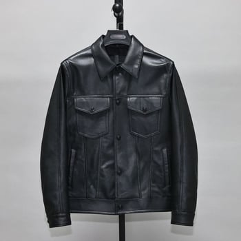 Ανδρικό δερμάτινο μπουφάν από γνήσιο δέρμα προβάτου, στενή γραμμή, κοντό μήκος, πέτο γιακά, κλείσιμο με ένα κουμπί