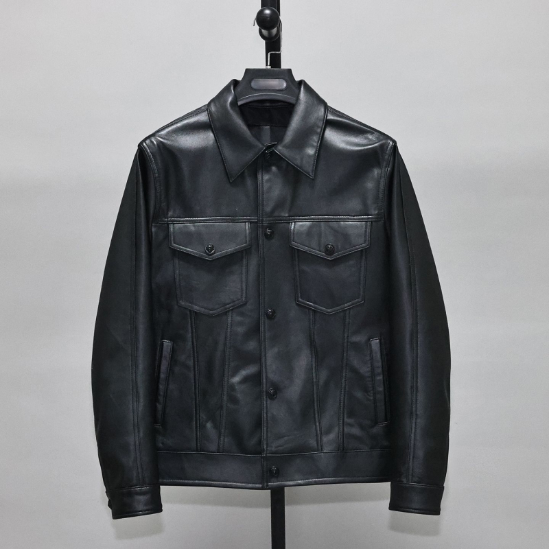 Ανδρικό δερμάτινο μπουφάν από γνήσιο δέρμα προβάτου, στενή γραμμή, κοντό μήκος, πέτο γιακά, κλείσιμο με ένα κουμπί