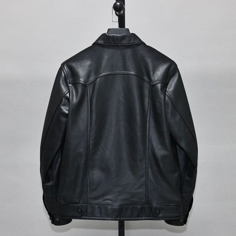 Ανδρικό δερμάτινο μπουφάν από γνήσιο δέρμα προβάτου, στενή γραμμή, κοντό μήκος, πέτο γιακά, κλείσιμο με ένα κουμπί