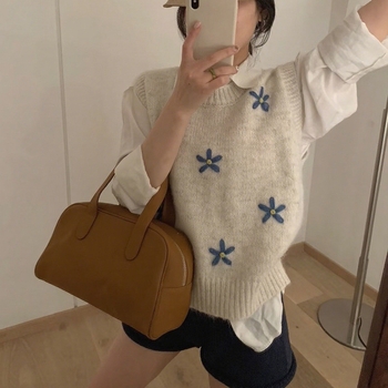 Koreai stílusú női kötött mellény környakú, ujjatlan, növény- és virágmintás, kasmír-poliészter keverék, őszi-téli