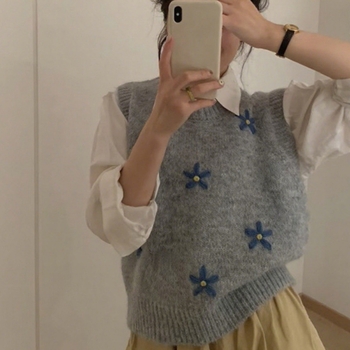 Koreai stílusú női kötött mellény környakú, ujjatlan, növény- és virágmintás, kasmír-poliészter keverék, őszi-téli