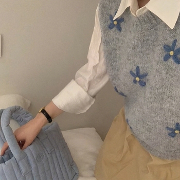 Koreai stílusú női kötött mellény környakú, ujjatlan, növény- és virágmintás, kasmír-poliészter keverék, őszi-téli