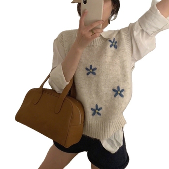 Koreai stílusú női kötött mellény környakú, ujjatlan, növény- és virágmintás, kasmír-poliészter keverék, őszi-téli