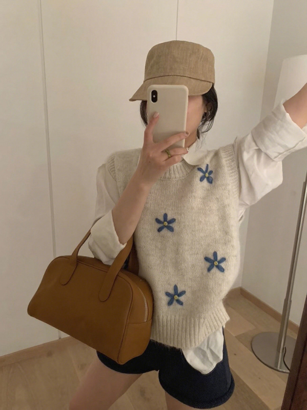 Koreai stílusú női kötött mellény környakú, ujjatlan, növény- és virágmintás, kasmír-poliészter keverék, őszi-téli