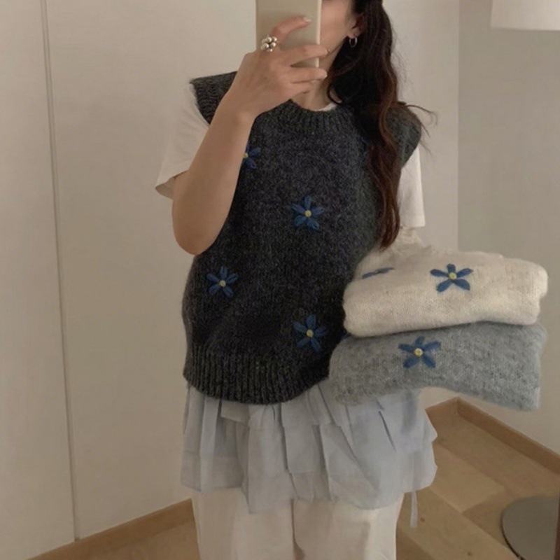 Koreai stílusú női kötött mellény környakú, ujjatlan, növény- és virágmintás, kasmír-poliészter keverék, őszi-téli