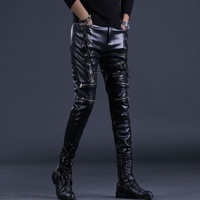 Férfi bőrnadrág – szoros szabás, középmagas derekú, PU anyag, PU bélés, Tavasz 2025