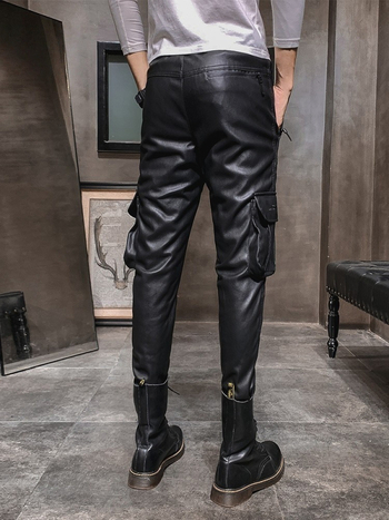 Férfi PU bőr motoros nadrág fleece béléssel, vízálló és szélálló, szűk szabású