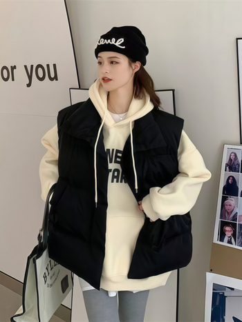 Γυναικείο γιλέκο από πολυεστέρα, με υψηλό γιακά, φερμουάρ εμπρός, κανονικό μήκος, μονόχρωμο σχέδιο, γέμισμα πολυεστέρα, άνετο στυλ ιαπωνο-κορεατικό