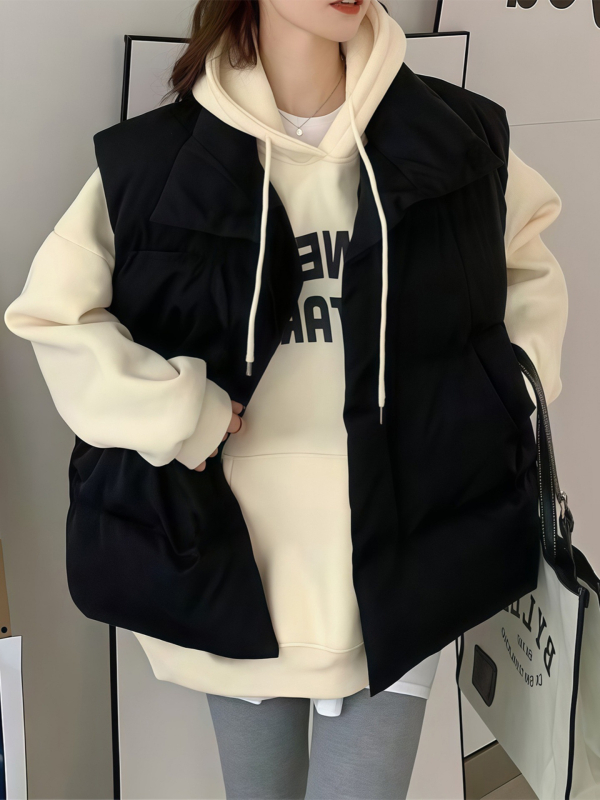 Γυναικείο γιλέκο από πολυεστέρα, με υψηλό γιακά, φερμουάρ εμπρός, κανονικό μήκος, μονόχρωμο σχέδιο, γέμισμα πολυεστέρα, άνετο στυλ ιαπωνο-κορεατικό