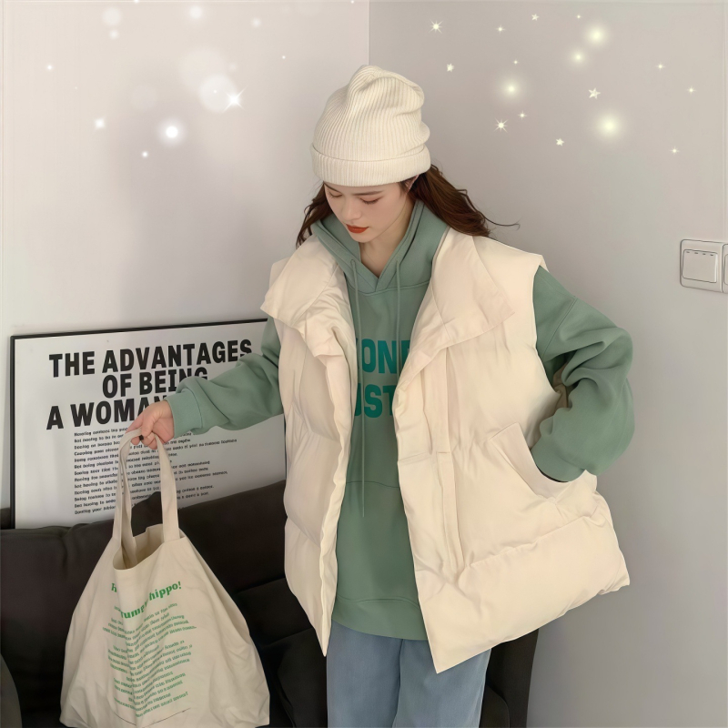 Γυναικείο γιλέκο από πολυεστέρα, με υψηλό γιακά, φερμουάρ εμπρός, κανονικό μήκος, μονόχρωμο σχέδιο, γέμισμα πολυεστέρα, άνετο στυλ ιαπωνο-κορεατικό