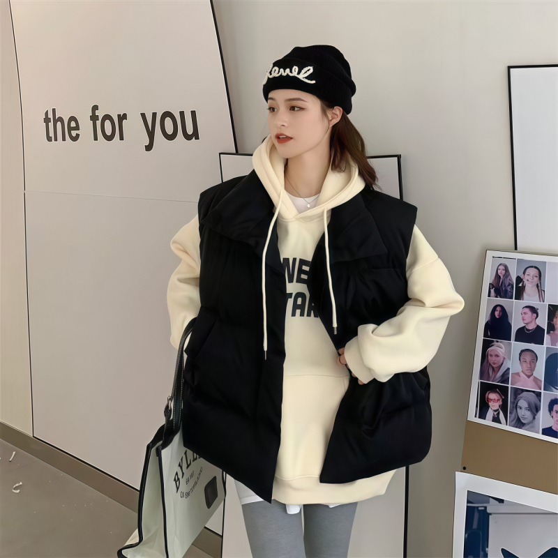 Γυναικείο γιλέκο από πολυεστέρα, με υψηλό γιακά, φερμουάρ εμπρός, κανονικό μήκος, μονόχρωμο σχέδιο, γέμισμα πολυεστέρα, άνετο στυλ ιαπωνο-κορεατικό