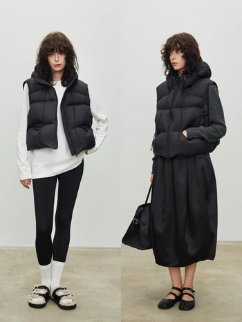 Női tollas mellény libatoll töltéssel, 81–85% tolltartalom, nylon anyag, kapucnival és cipzárral