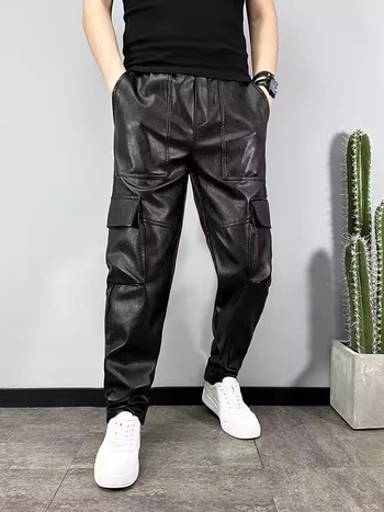 Férfi téli PU bőr nadrág harém szabásban, több zsebbel, munkaruha