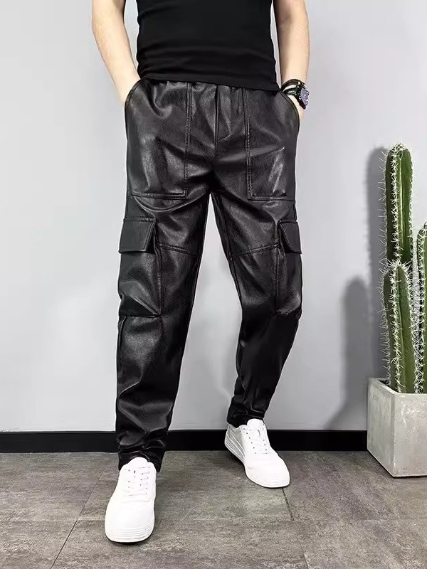 Férfi téli PU bőr nadrág harém szabásban, több zsebbel, munkaruha