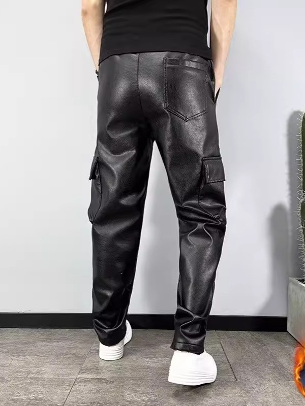 Férfi téli PU bőr nadrág harém szabásban, több zsebbel, munkaruha