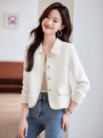 Női rövid zakó reverrel, egyszínű poliészter, 95%+ poliészter, hosszú ujjú, hossz 50–65 cm