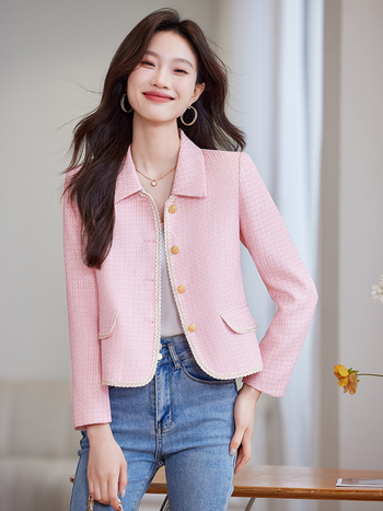 Női rövid zakó reverrel, egyszínű poliészter, 95%+ poliészter, hosszú ujjú, hossz 50–65 cm