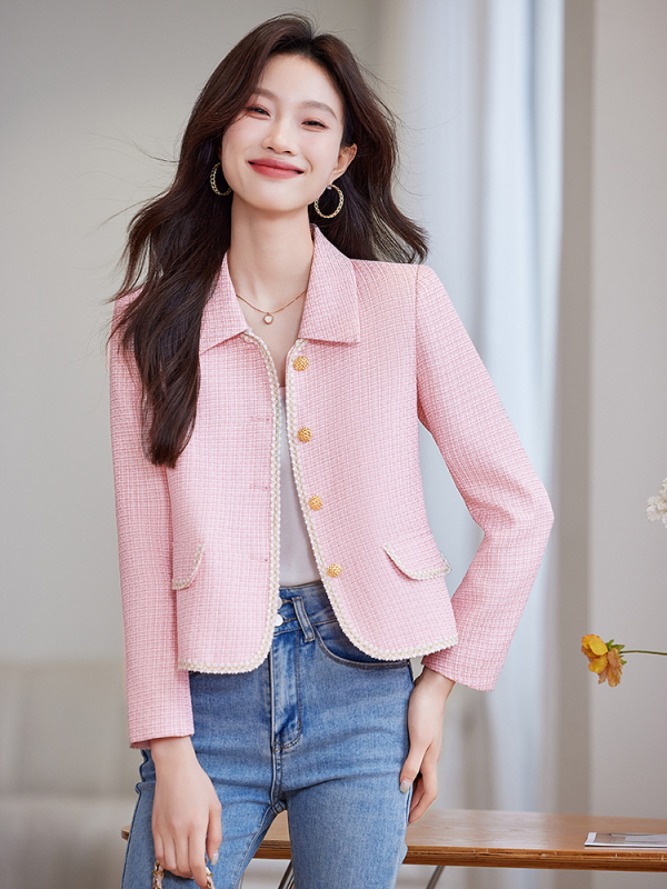 Női rövid zakó reverrel, egyszínű poliészter, 95%+ poliészter, hosszú ujjú, hossz 50–65 cm