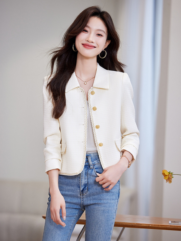 Női rövid zakó reverrel, egyszínű poliészter, 95%+ poliészter, hosszú ujjú, hossz 50–65 cm