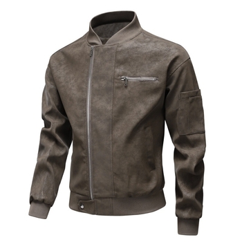 PU bőrdzseki férfiaknak – ifjúsági stílus, kétirányú cipzár, álló gallér, középhosszú, poliészter bélés