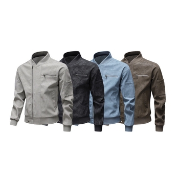 PU bőrdzseki férfiaknak – ifjúsági stílus, kétirányú cipzár, álló gallér, középhosszú, poliészter bélés